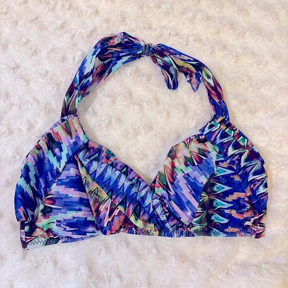 Becca Swimwear Cobalt Multi-color Geometric Wire Free Halter Bikini Top L - Picture 1 of 5